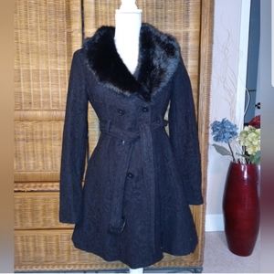 Bebe Wool Blend Lace Overlay Faux Fur Collar Jacket Pea Coat Winter Jacket SMALL